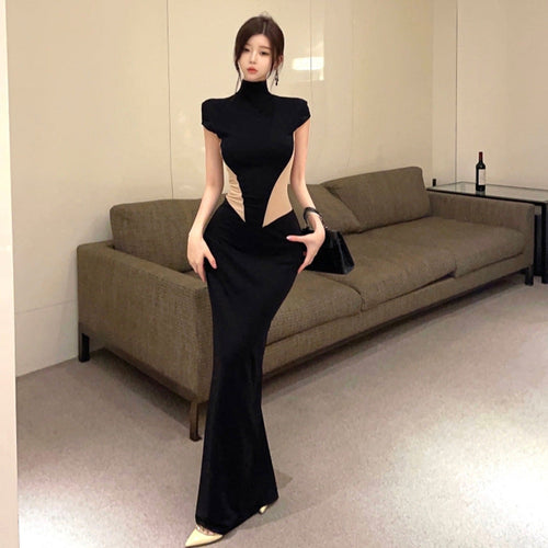 Kvinnors Golvklänning Hög Hals Mesh Patchwork Splicering-1