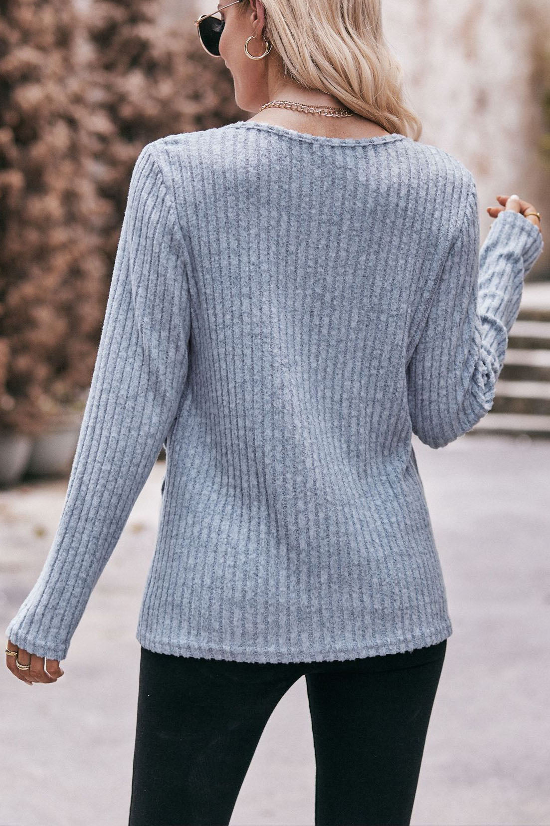 Dam Topp Rund Nederkant Borstad Bomull med Knappdetaljer-3