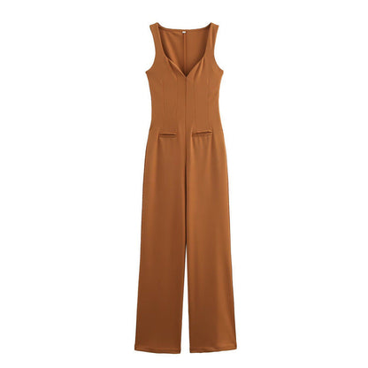 Dam Jumpsuit Rak V-ringad Lång Ärmlös Lätt Elastisk Material-1