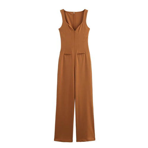 Dam Jumpsuit Rak V-ringad Lång Ärmlös Lätt Elastisk Material-1