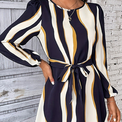 Kvinnors Midi Klänning Randig Lång Ärmar Polyester-5