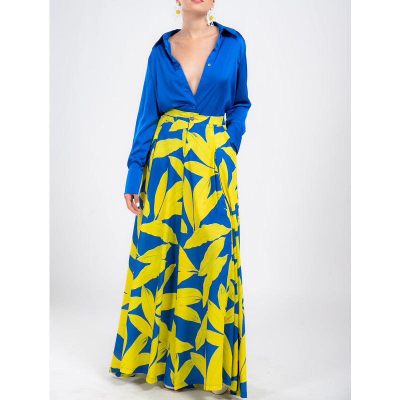 Dam Set Tryckt Skjorta Bred Benformbyxor Polyester-2