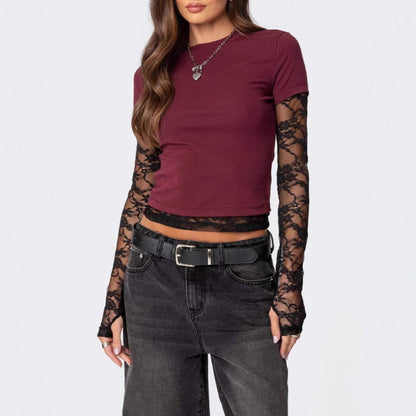 Långärmad T-Shirt Dam Rundhals Polyester Trendig Splicering-4