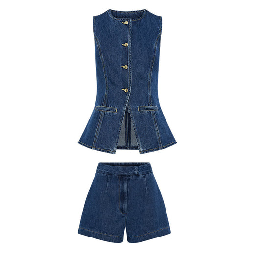 Dam Denim Shorts Set Slim Fit Ärmlös Top Capribyxor-1
