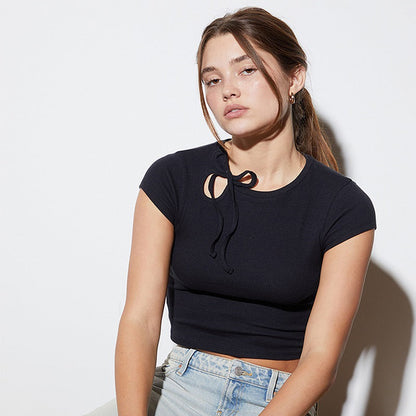 Kvinnors Crop Top med Knappdetalj Elastisk Bomullsblandning-1