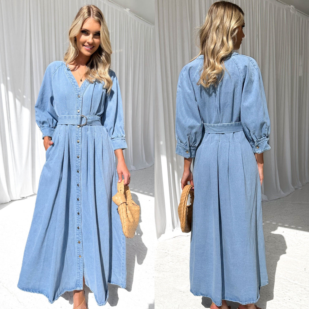 Kvinna A-Line Klänning V-Neck Puffärmar Denim-2