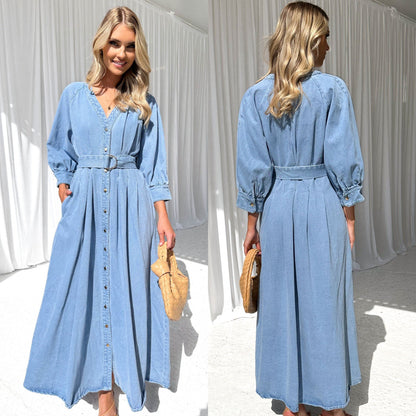 Kvinna A-Line Klänning V-Neck Puffärmar Denim-2
