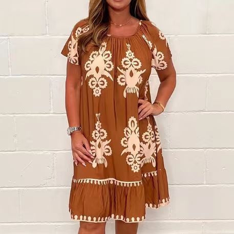 Dam Klänning Kortärmad Utskriven Polyester-3