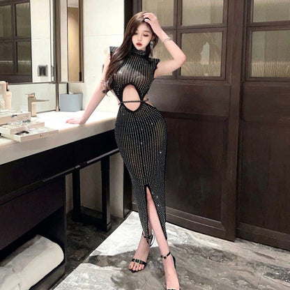 Dam Bodycon Klänning Transparent Mesh med Strass-2