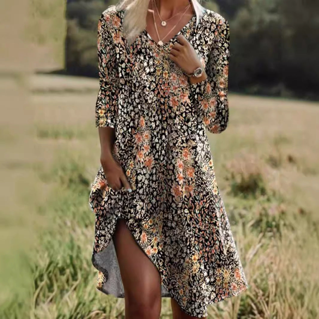 Dam Klänning V-ringad A-linjeformad Bomull Polyester-3