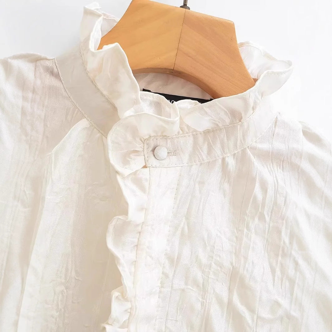 Dam Blus med Ruffles Höghalsad Krage Lätt Material-4