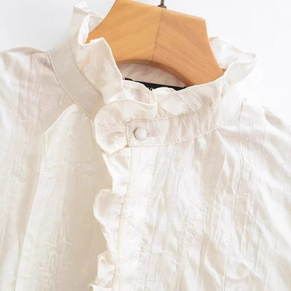 Dam Blus med Ruffles Höghalsad Krage Lätt Material-4