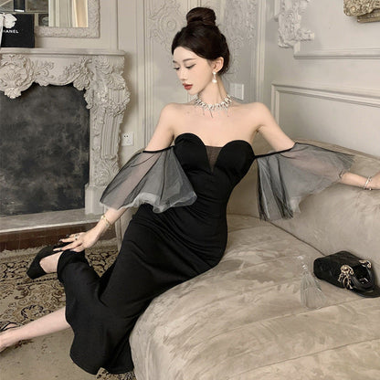 Dam Klänning Axelbandslös Fishtail Maxilängd med Fladderärmar i Polyester-5