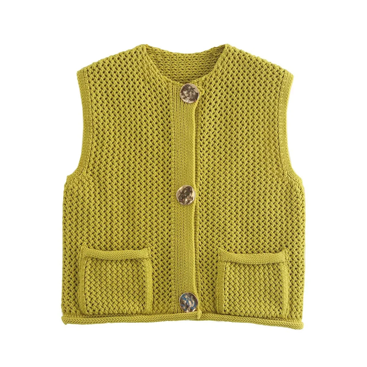 Dam Stickad Väst Elegant Med Dekorativa Knappar och Fickor 9