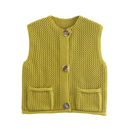 Dam Stickad Väst Elegant Med Dekorativa Knappar och Fickor 9