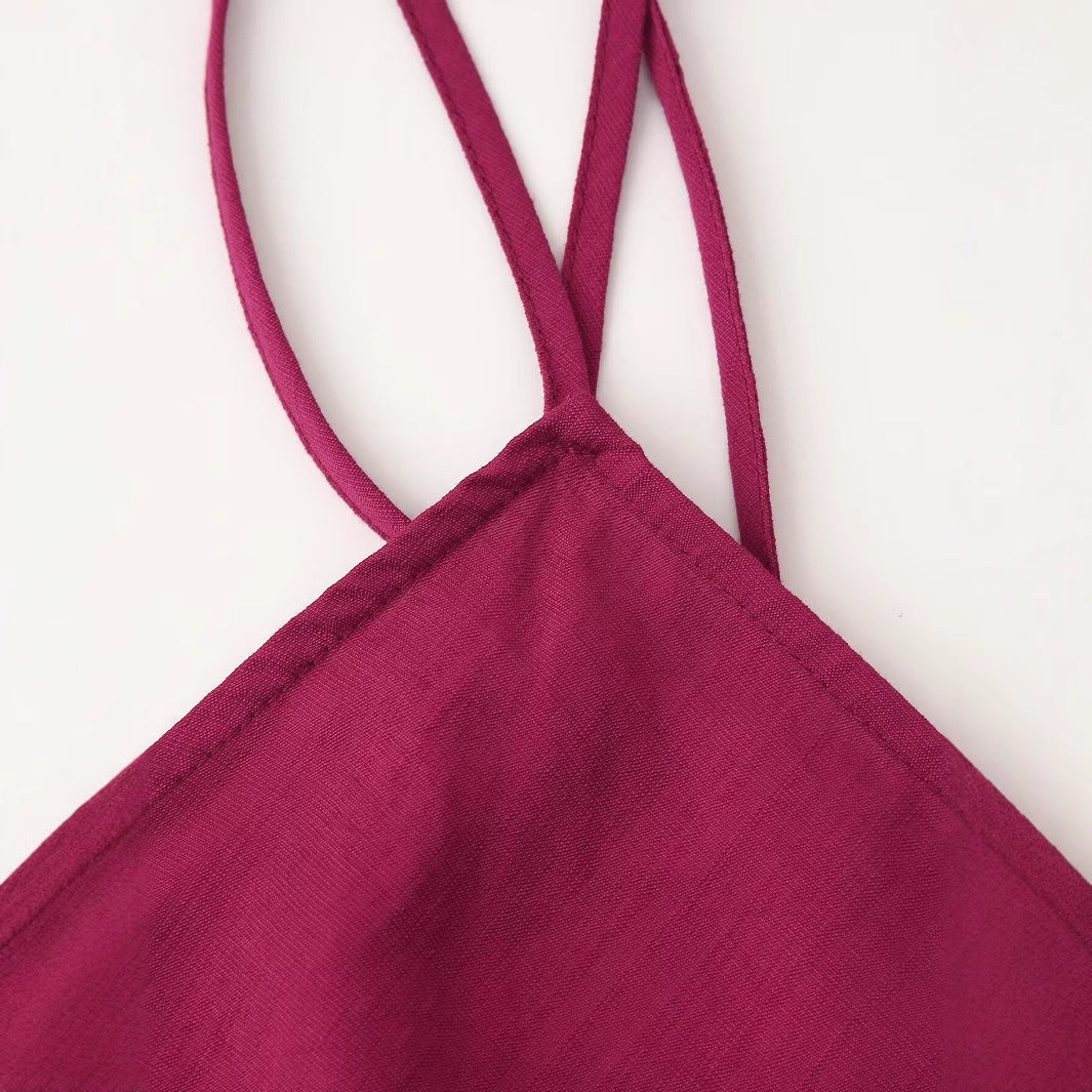 Damklänning Midi Halterneck Linne Färgblockerande-5