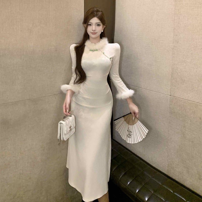 Dam Klänning Långärmad Velour med Unik Kjol-1