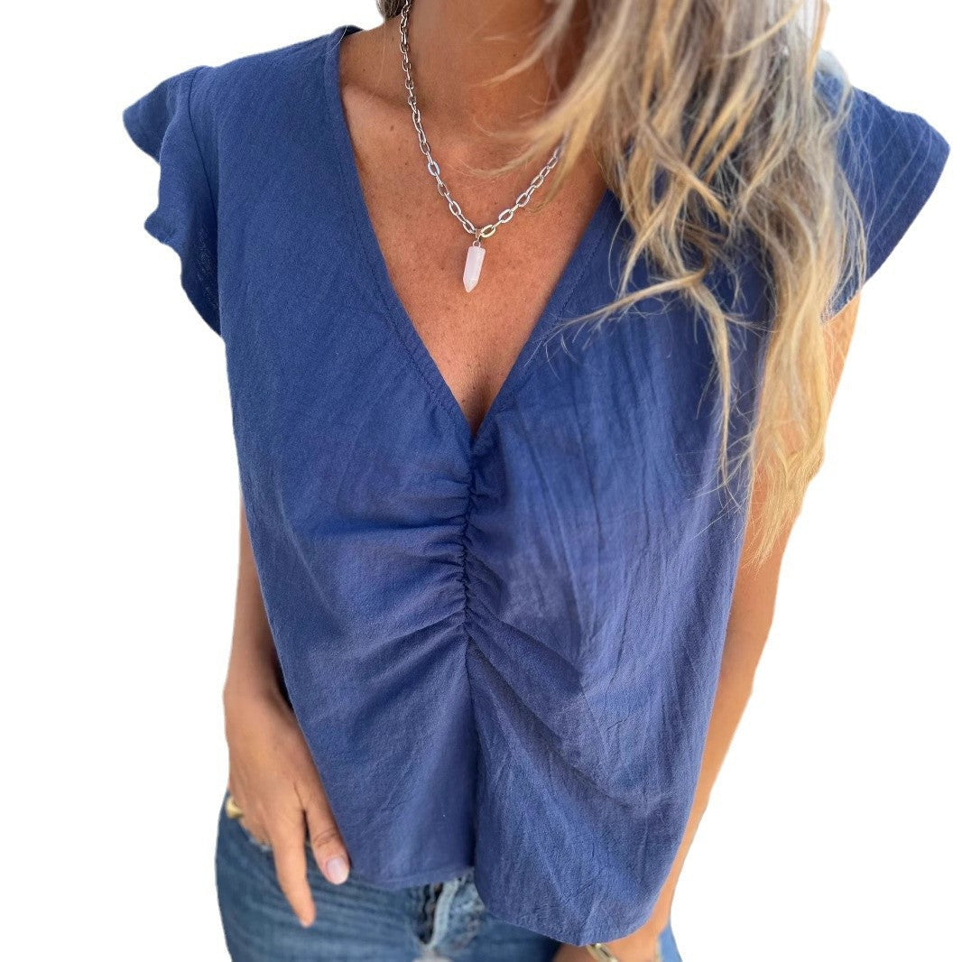 Dam T-shirt V-ringning Lätt Bomull Linne-6