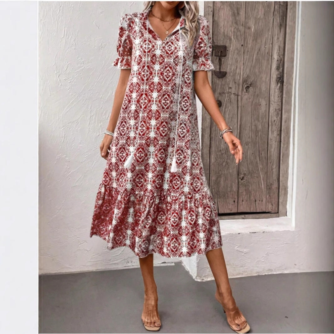 Kvinna A-Linje Klänning Rüschen V-Hals Polyester-3