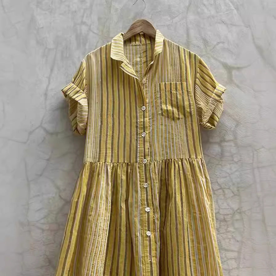 Dam A-Linjeklänning Med Randiga Puffärmar I Bomull - Sommarklänning-3