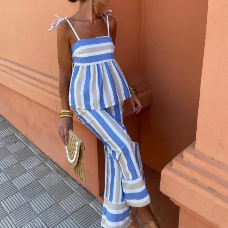 Kvinnors Sommardräkt med Luftig Blus och Breda Byxor – Justerbara Spaghetti-bärare, Långt, Lätt Tyg, Avslappnad Passform 3