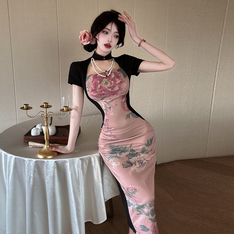 Damklänning Cheongsam Bodycon Polyester med Ståkrage och Blommönster-2
