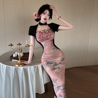 Damklänning Cheongsam Bodycon Polyester med Ståkrage och Blommönster-2