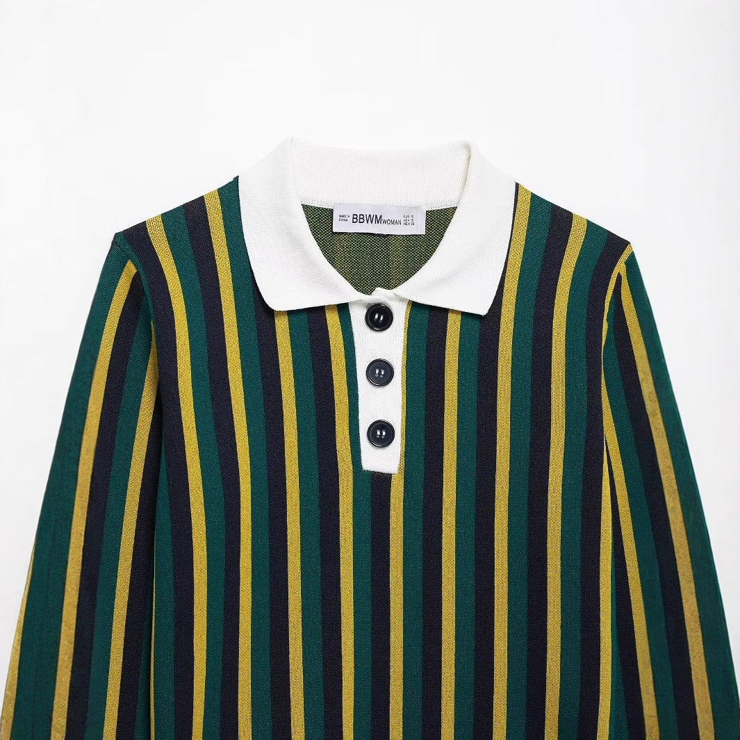 Dam Polotröja Randig Bomull Figur-huggande Stil 3