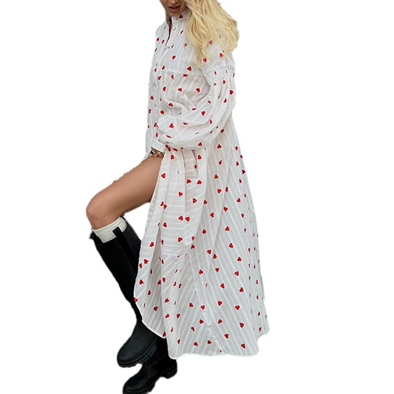 Dam Maxiklänning A-linjeformad Mjuk Bomull med Långa Ärmar och Tryckt Design-1