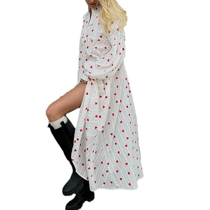 Dam Maxiklänning A-linjeformad Mjuk Bomull med Långa Ärmar och Tryckt Design-1