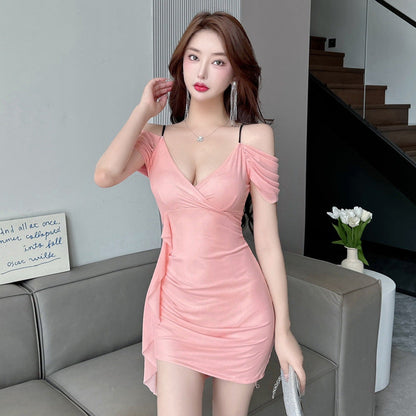 Dam Klänning Bodycon Spaghetti Band Mesh Kort V-ringning-2