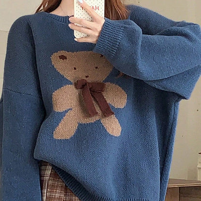 Variant image for Dam Stickad Tröja Nallebjörnmotiv Mjuk Avslappnad Kvalitet-1