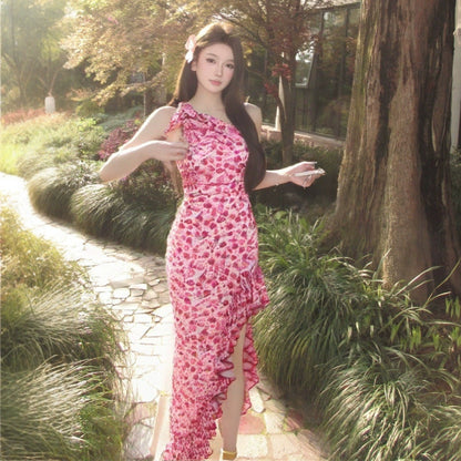 Kvinna Maxi Klänning Asymmetrisk Polyester med Blommönster-5