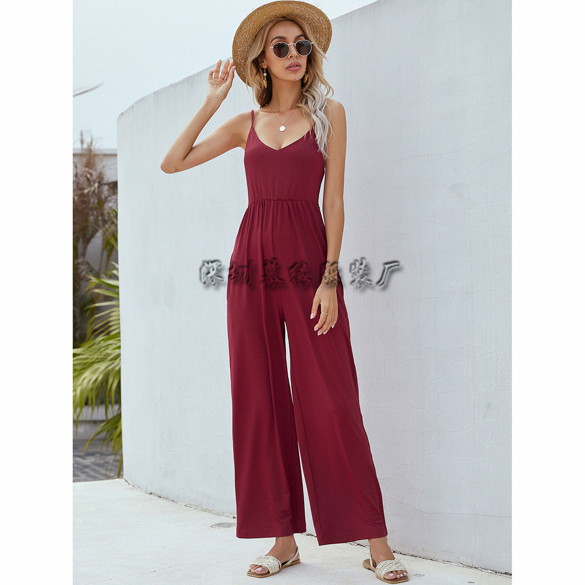 Dam Jumpsuit V-ringning Löst Sittande Polyester med Patchwork Detaljer-3