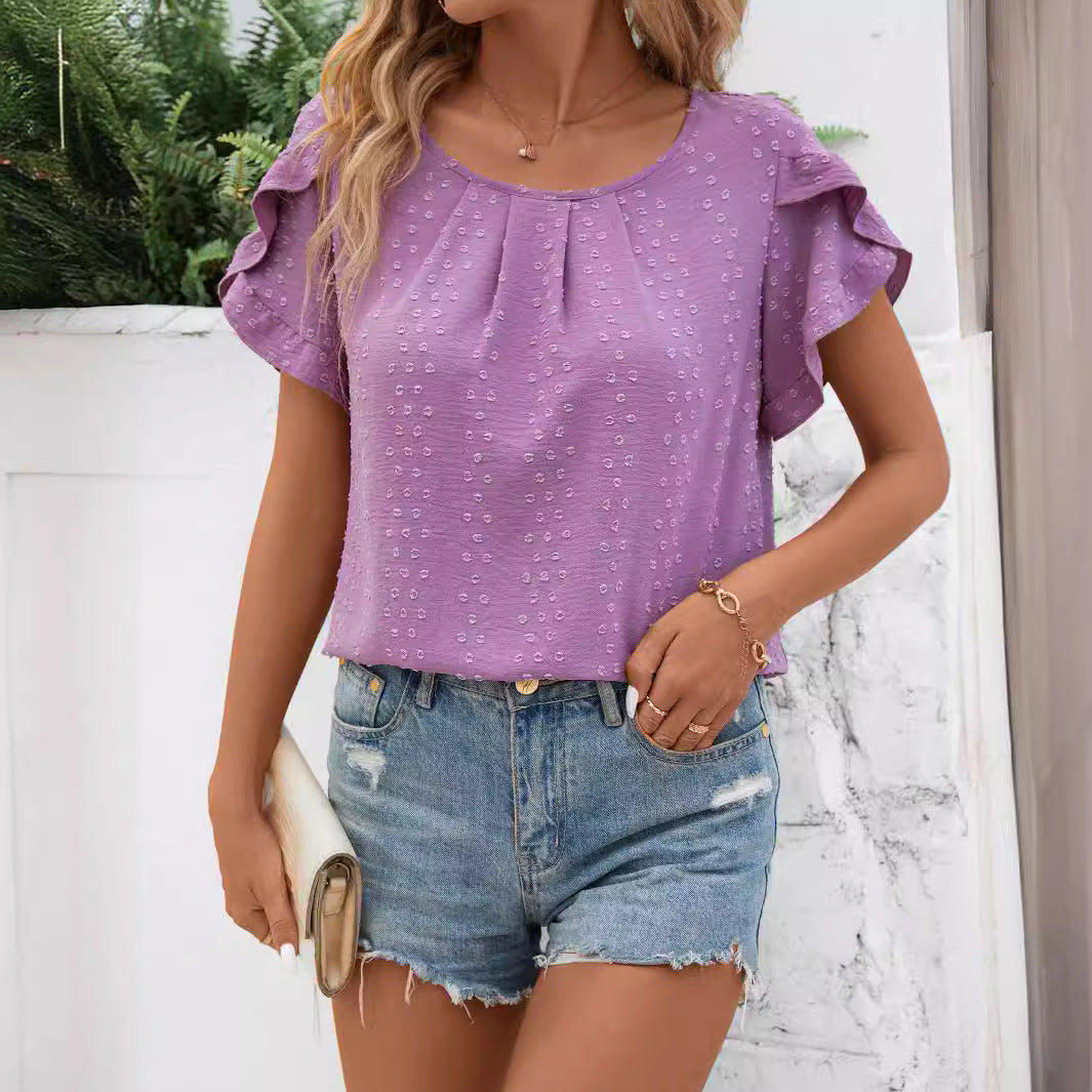 Dam Ruffle Skjorta Jacquard Korta Ärmar Polyester 2
