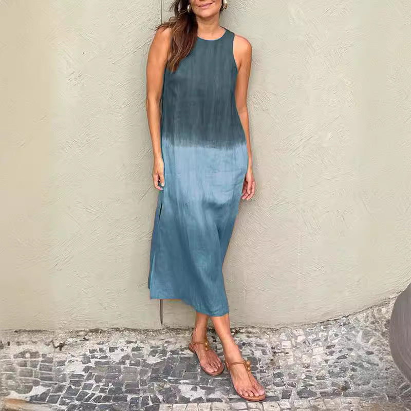 Damklänning A-Linje Gradient Bomullslinne Ärmlös Elegant-3