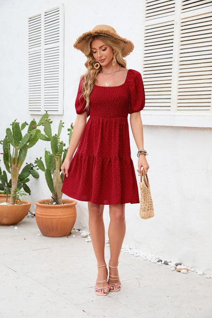 Dam Sommarklänning Fyrkantig Halsringning Korta Puffärmar Lätt Tyg 3