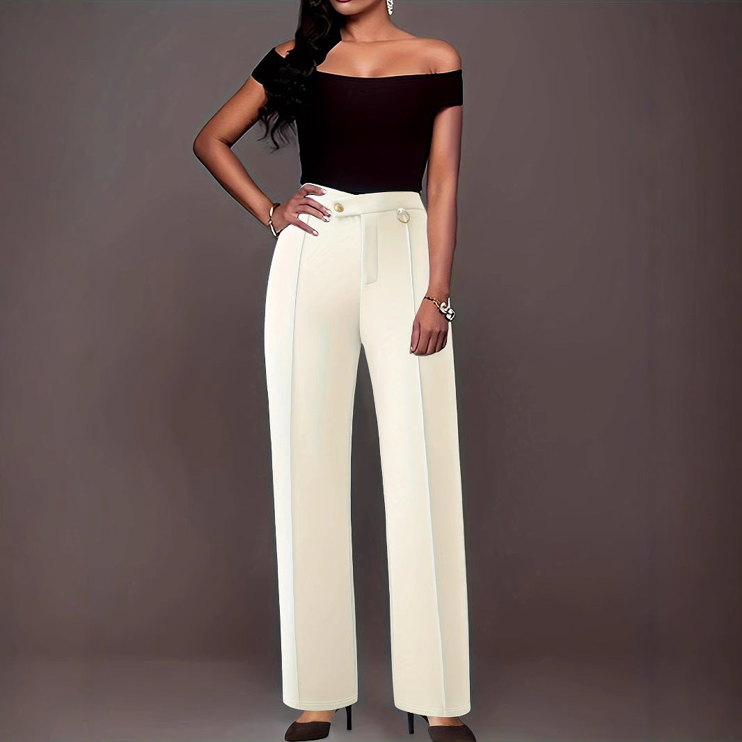 Kvinnor Palazzo Byxor Hög Midja med Knappdetaljer och Sidospår i Andningsbart Material-2