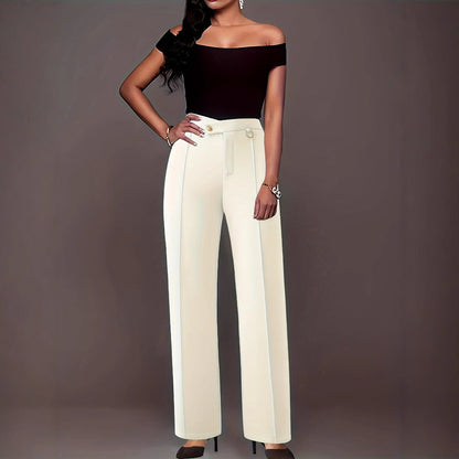 Kvinnor Palazzo Byxor Hög Midja med Knappdetaljer och Sidospår i Andningsbart Material-2