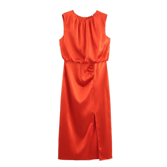 Kvinna Midi Klänning A-Line Siden-Satin-1