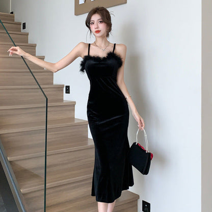 Dam Midiklänning V-hals Spaghetti Band Plüsch-2