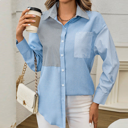 Dam Kofta Randig Vävd Casual Lång Ärme-1