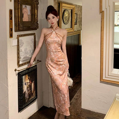 Kvinna Cheongsam Klänning Blommönster Polyester Smal Passform-2