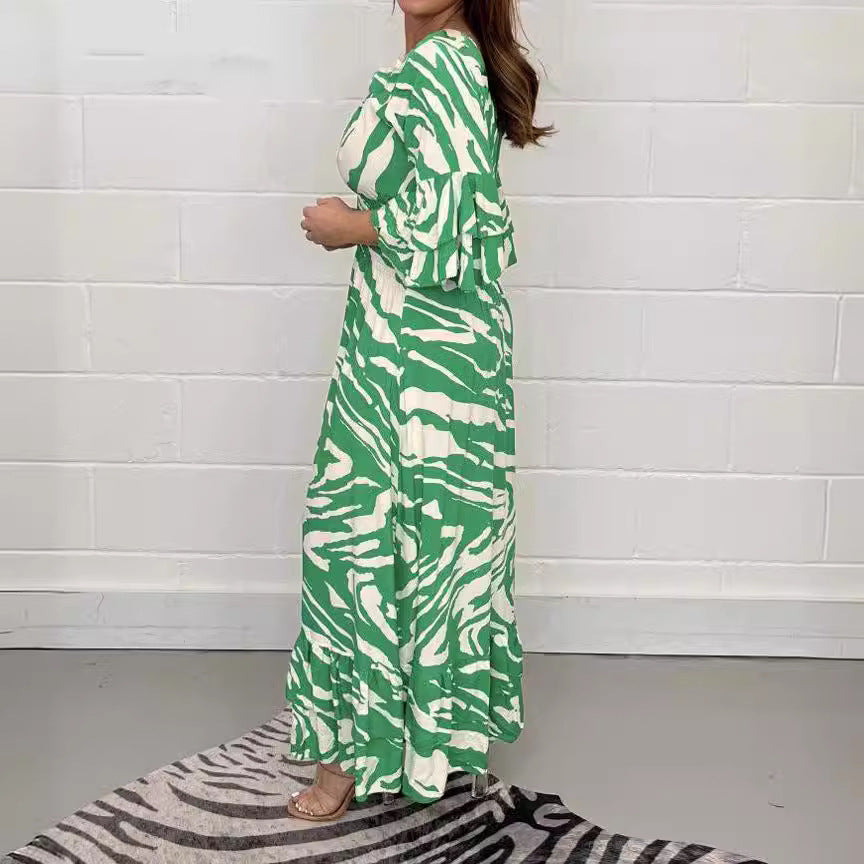 Damklänning med Geometriskt Mönster och Tre-Fjärdedels Ärmar – Högkvalitativt Tyg för Avslappnade Tillfällen 3