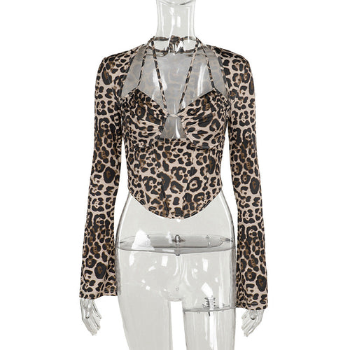 Dam Blus Leopardmönster Långärmad Elastisk-1