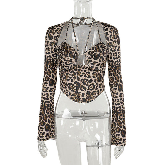 Dam Blus Leopardmönster Långärmad Elastisk-1