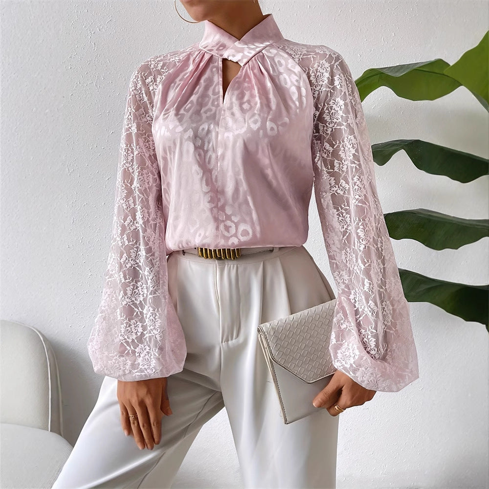 Kvinnors Blus Transparenta Spetsärmar Ståkrage Lätt Tyg 7