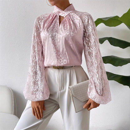 Kvinnors Blus Transparenta Spetsärmar Ståkrage Lätt Tyg 9