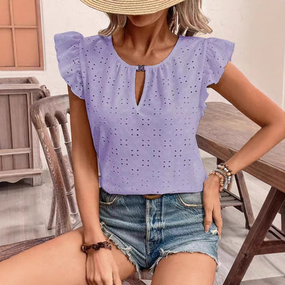 Festtopp Dam med V-ringning och Jacquarddesign - Kort Ärmar i Lätt Polyester för Fest och Vardag 8