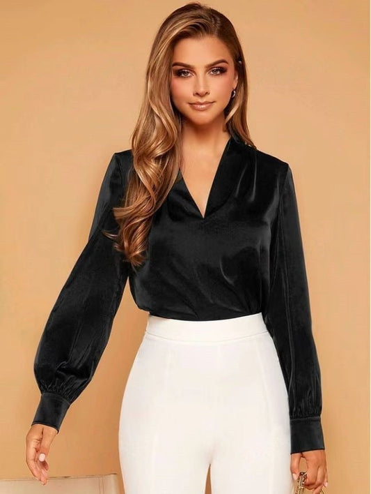 Dam Långärmad V-ringad Blus Satin Rynkad-1